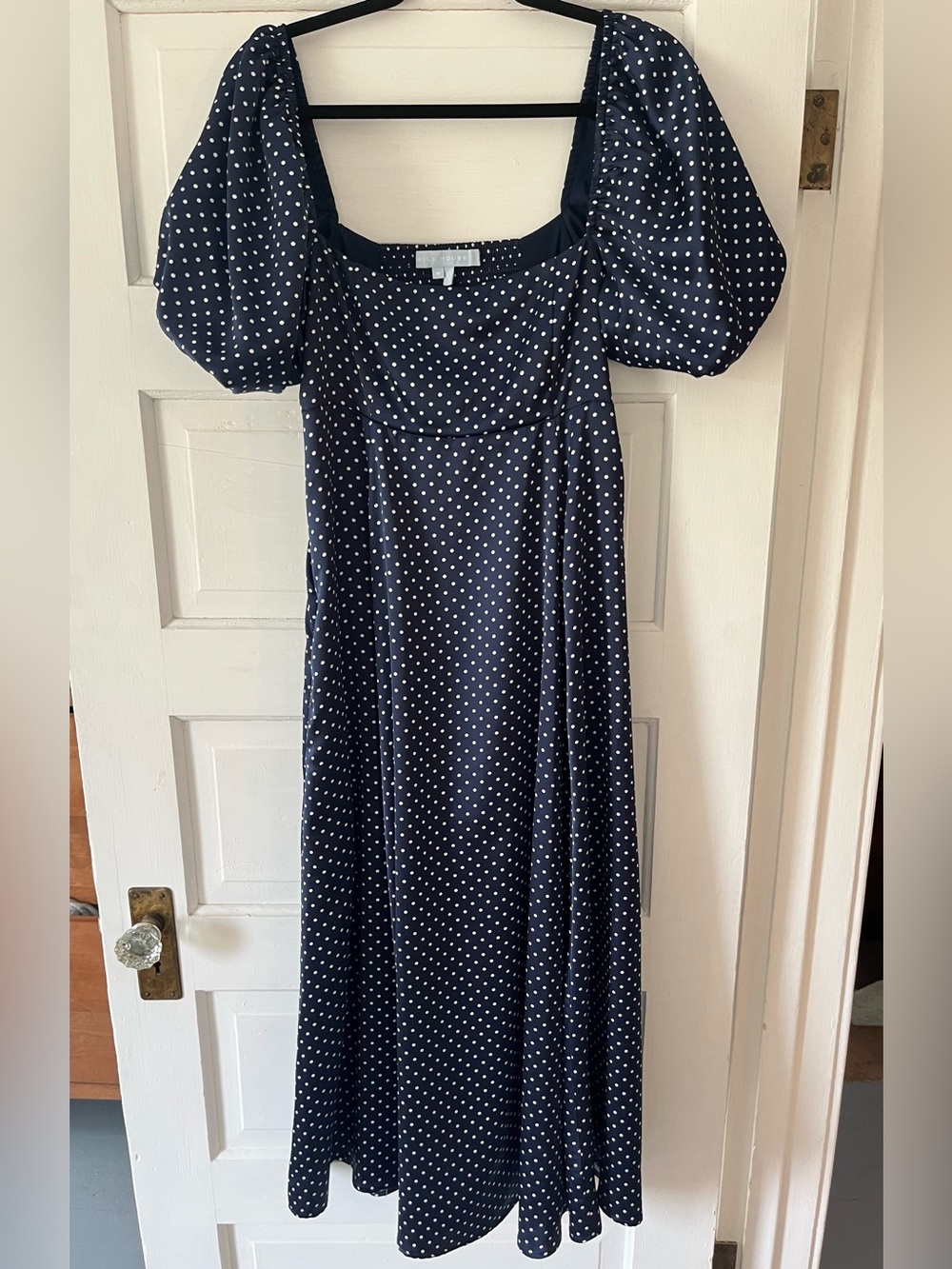 Hill House Navy Polka Dot Midi Dress with Puff Sleeves